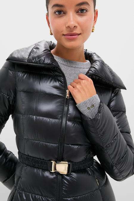 Black Nylon Ultralight Quilted Maxi Coat with Elastic Belt