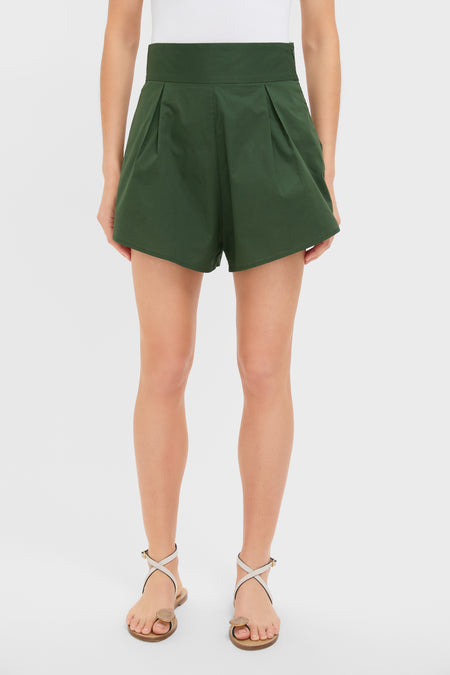 Green Solid Pleated Shorts