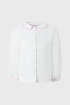 Rachel Riley white long-sleeve premium cotton blouse with a Peter Pan collar and pink ricrac trim on the collar and cuffs, button front.
