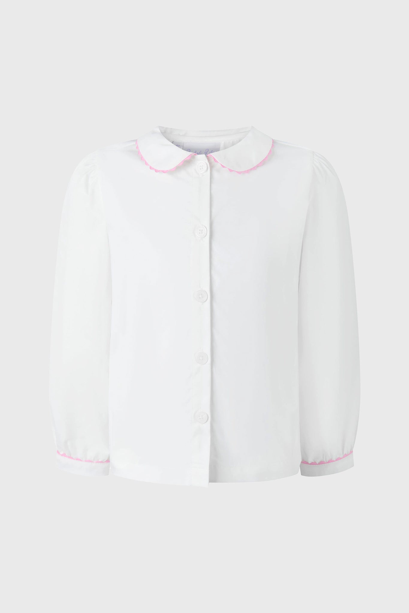 Rachel Riley white long-sleeve premium cotton blouse with a Peter Pan collar and pink ricrac trim on the collar and cuffs, button front.