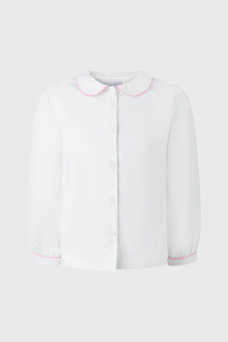 Rachel Riley white long-sleeve premium cotton blouse with a Peter Pan collar and pink ricrac trim on the collar and cuffs, button front.