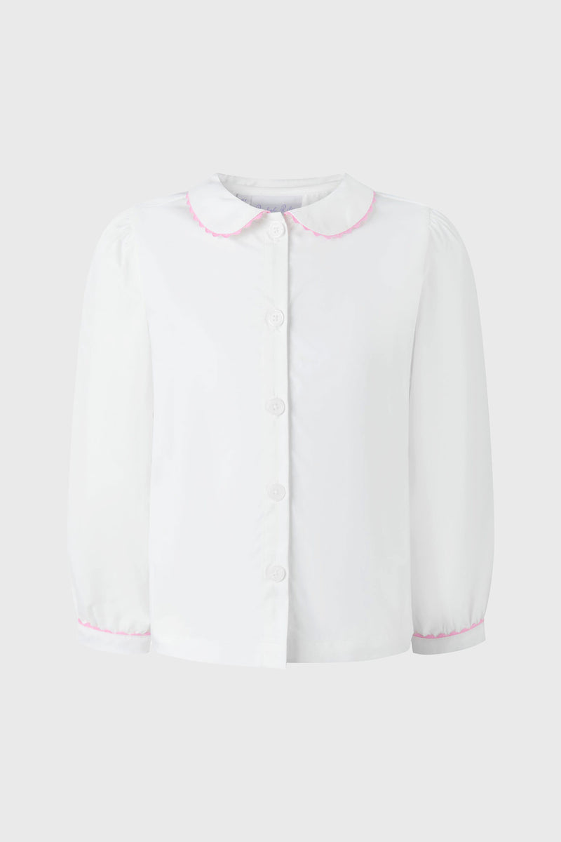 Rachel Riley white long-sleeve premium cotton blouse with a Peter Pan collar and pink ricrac trim on the collar and cuffs, button front.