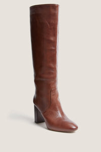 Espresso Goldy Tall Boots in smooth brown leather, featuring a classic knee-high shaft and chunky block heel, exuding effortless high-end style for a fun, confident look.