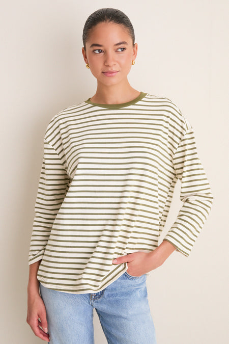 Olive Striped Knit Popover
