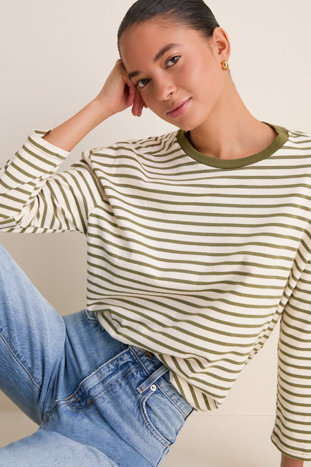 Olive Striped Knit Popover