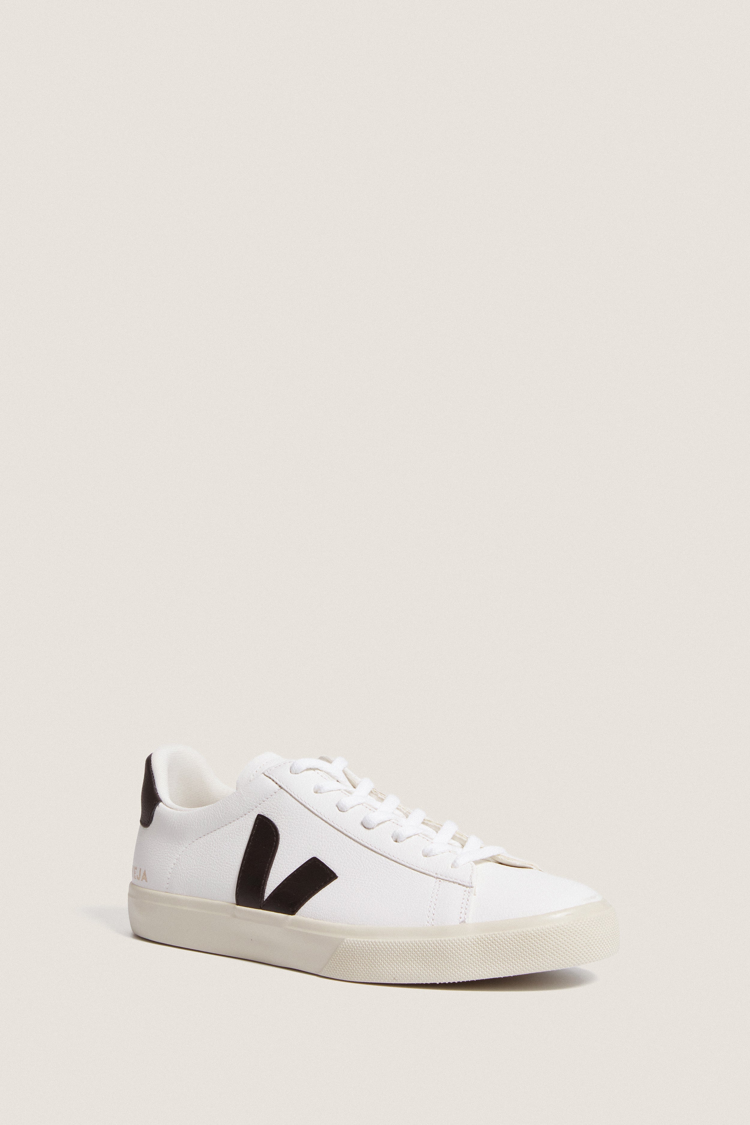 Men's Extra White Black Campo Sneakers: A classic, effortless low-top sneaker with a black V logo, off-white rubber sole, ideal for high-end, fun, casual looks.