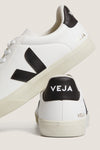Men's Extra White Black Campo Sneakers by VEJA, showcasing a classic, effortless design with a white leather upper, black accents, and sustainable materials for high-end, fun style.