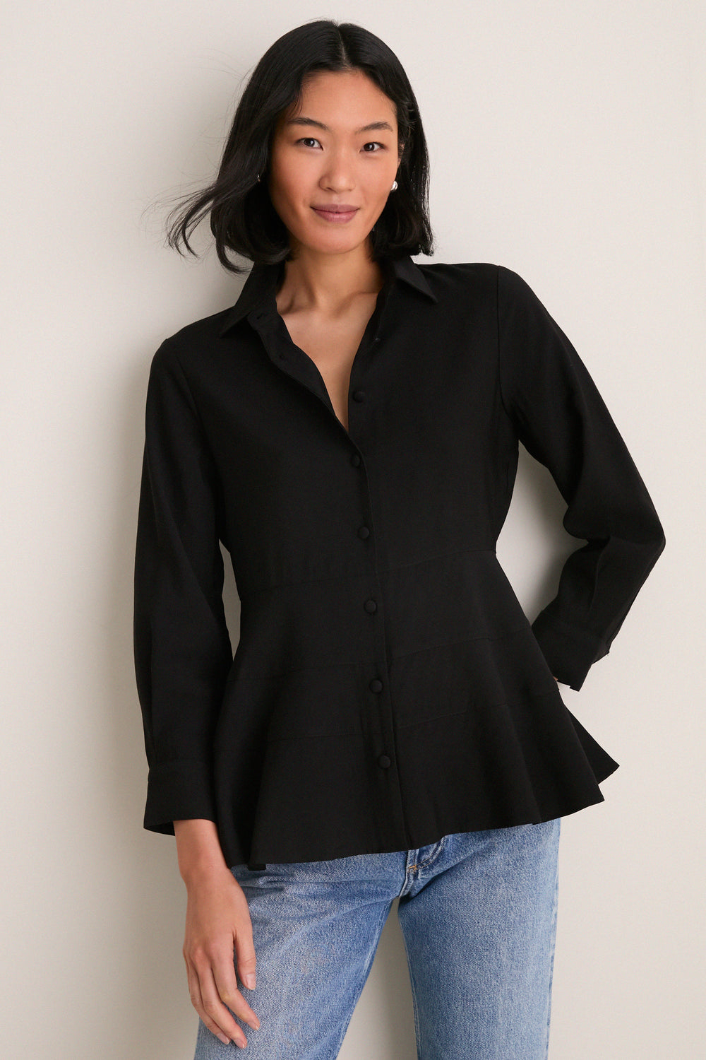 black dress blouse Formal Satin Long Sleeve Button Down Top The Outlet occasion use Women's Polka Dot V Neck
