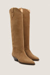Taupe Denvee Boot in tan-brown suede, classic Western style with pointed toes and low wedge heels, effortlessly blending fun and high-end fashion for versatile wear.