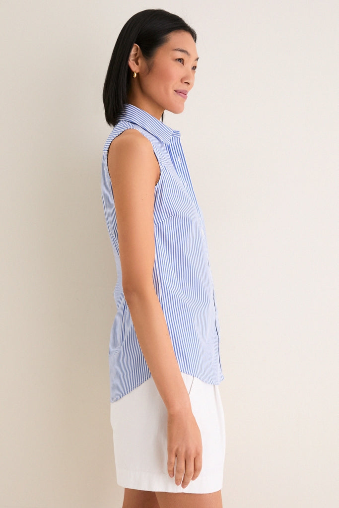 Blue and White Stripe Sleeveless Shirt | The Shirt by Rochelle Behrens