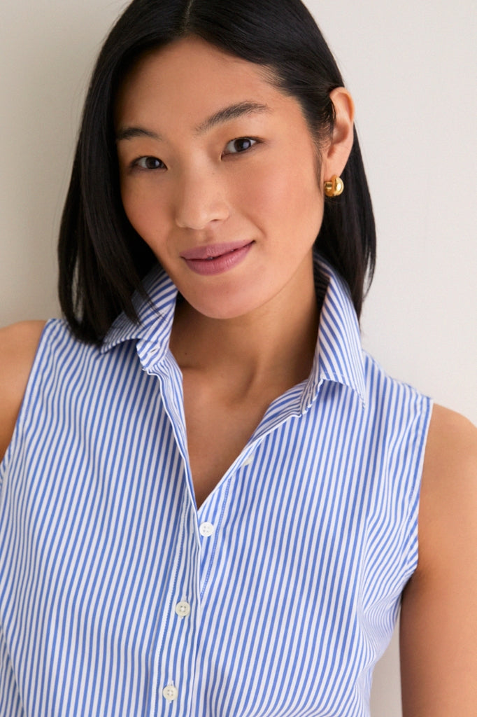 sleeveless dress shirt The Light Pink / S Collar Sleeveless Button front placket Blue and white stripe Patented NO GAPE button technology Material cllios Mens Sleeveless Button Down