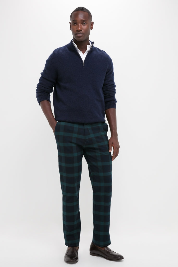 Man wearing Blackwatch Tartan Stretch Twill Harbor Pants, showcasing a classic, effortless style with a high-end, fun vibe, perfect for any coastal lifestyle occasion.