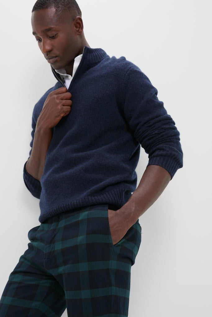 Young man models Blackwatch Tartan Stretch Twill Harbor Pants, showcasing a classic, effortlessly stylish look with a modern twist, ideal for high-end, fun occasions.