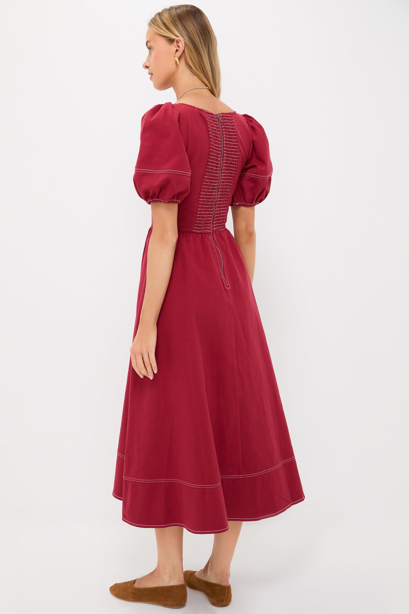 Oxblood Puff Sleeve Midi Dress