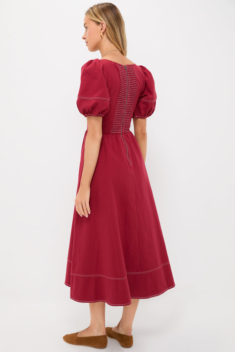 Oxblood Puff Sleeve Midi Dress