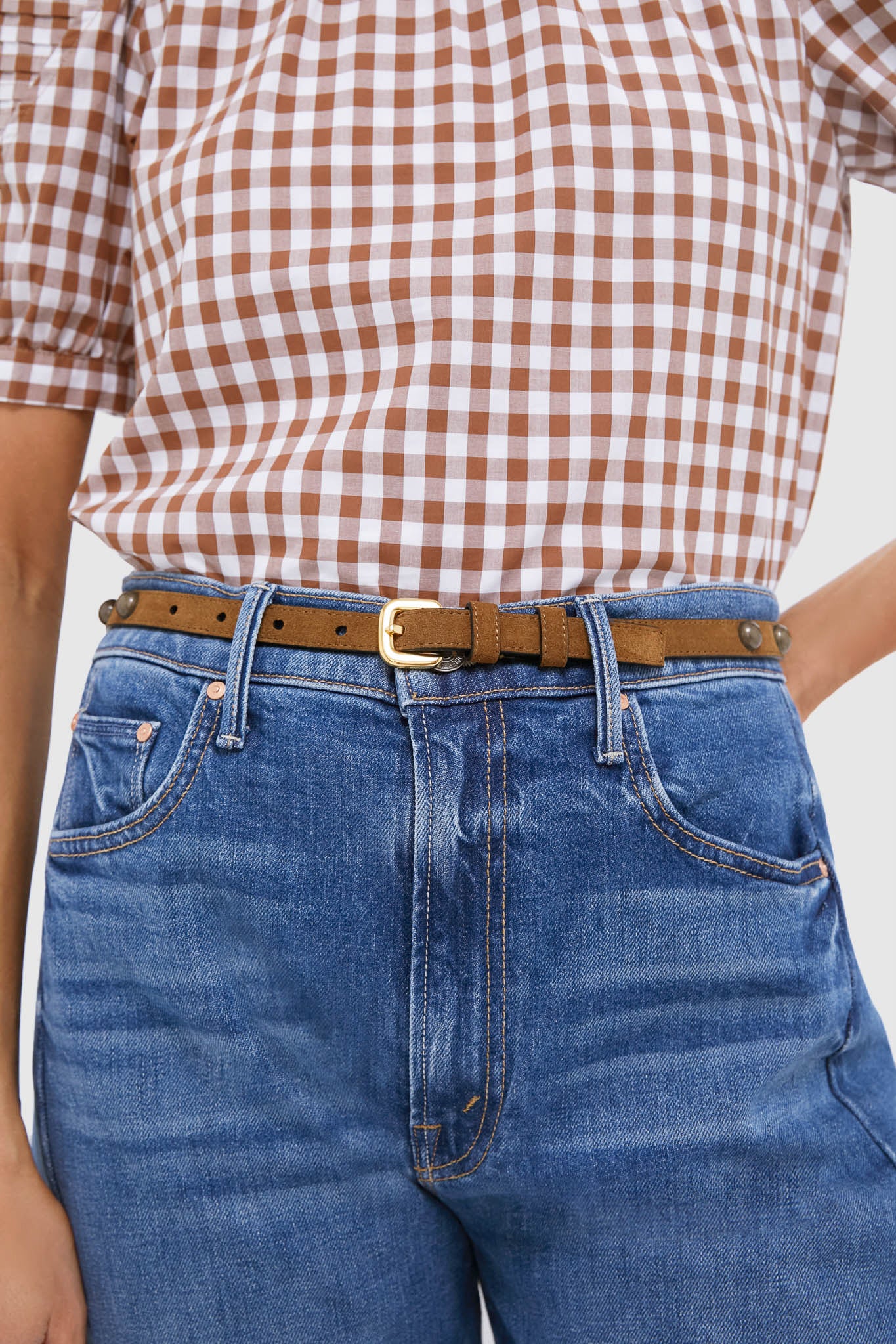 Tobacco and Gold Studded Skinny Belt