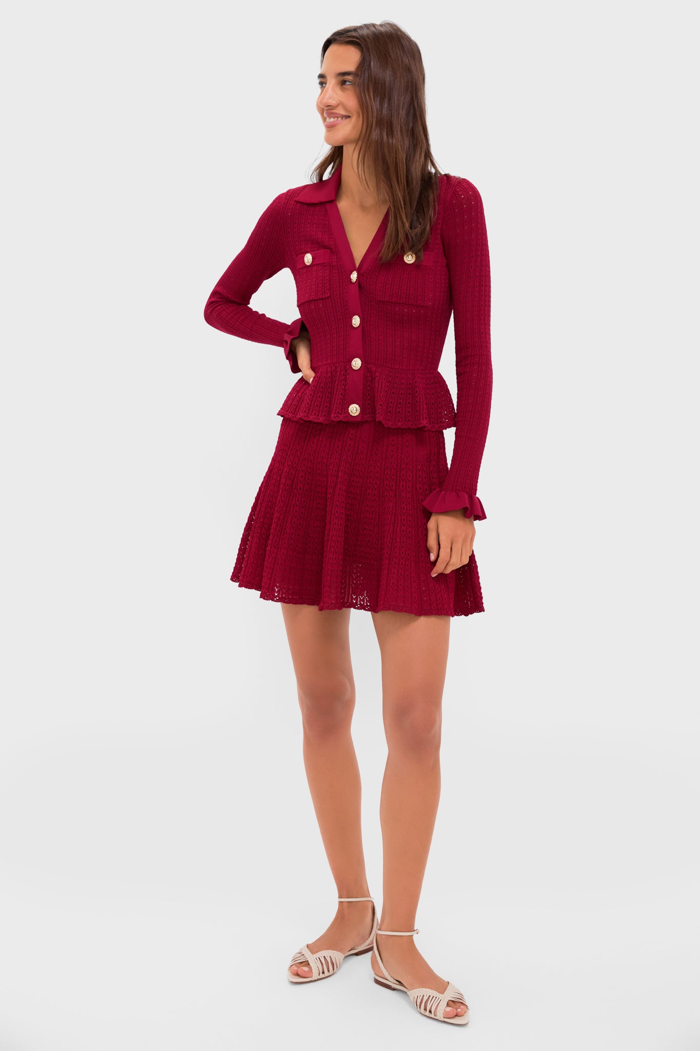 Burgundy Pointelle Knit Mini Dress