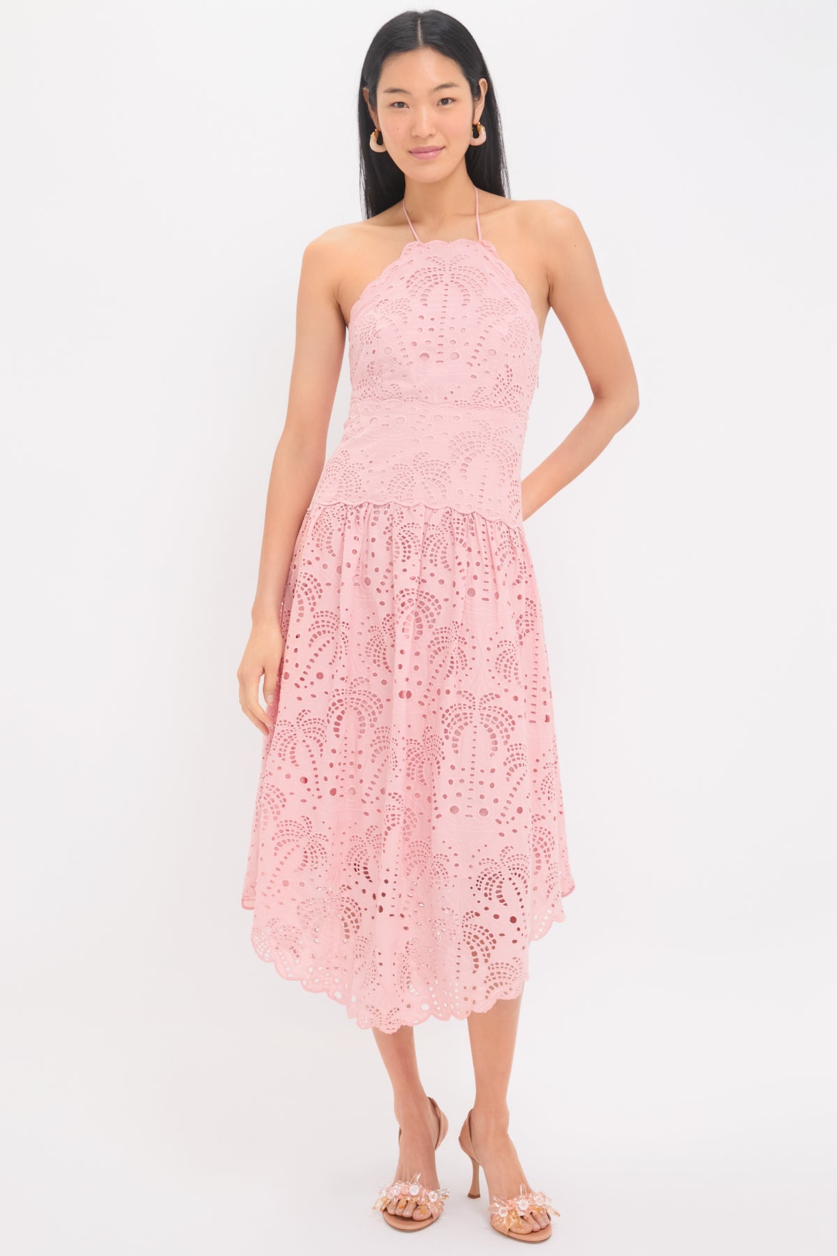 strapless open back dress Palm Tree Eyelet Blush Pink Sleeveless Midi Dress