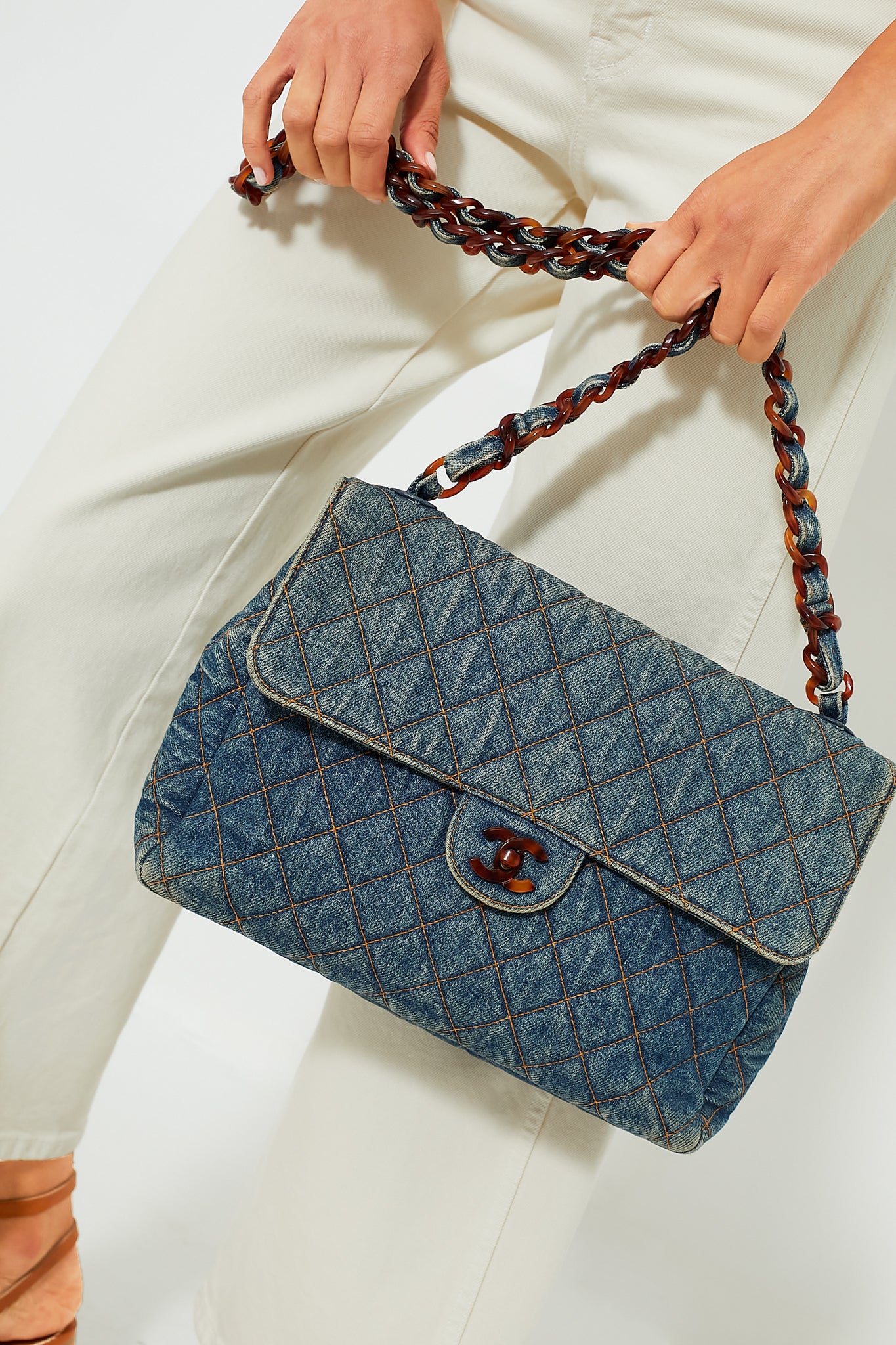 CHANEL Denim and Tortoise Vintage Quilted Jumbo Flap Bag