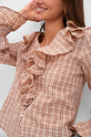 Tan and Pink Plaid V Neck Ruffle Eileen Button Down