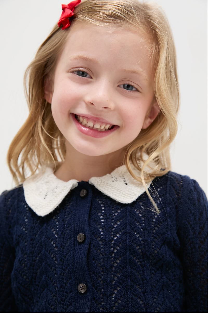 Girls Long-Sleeve Cotton Pointelle Collared Cardigan