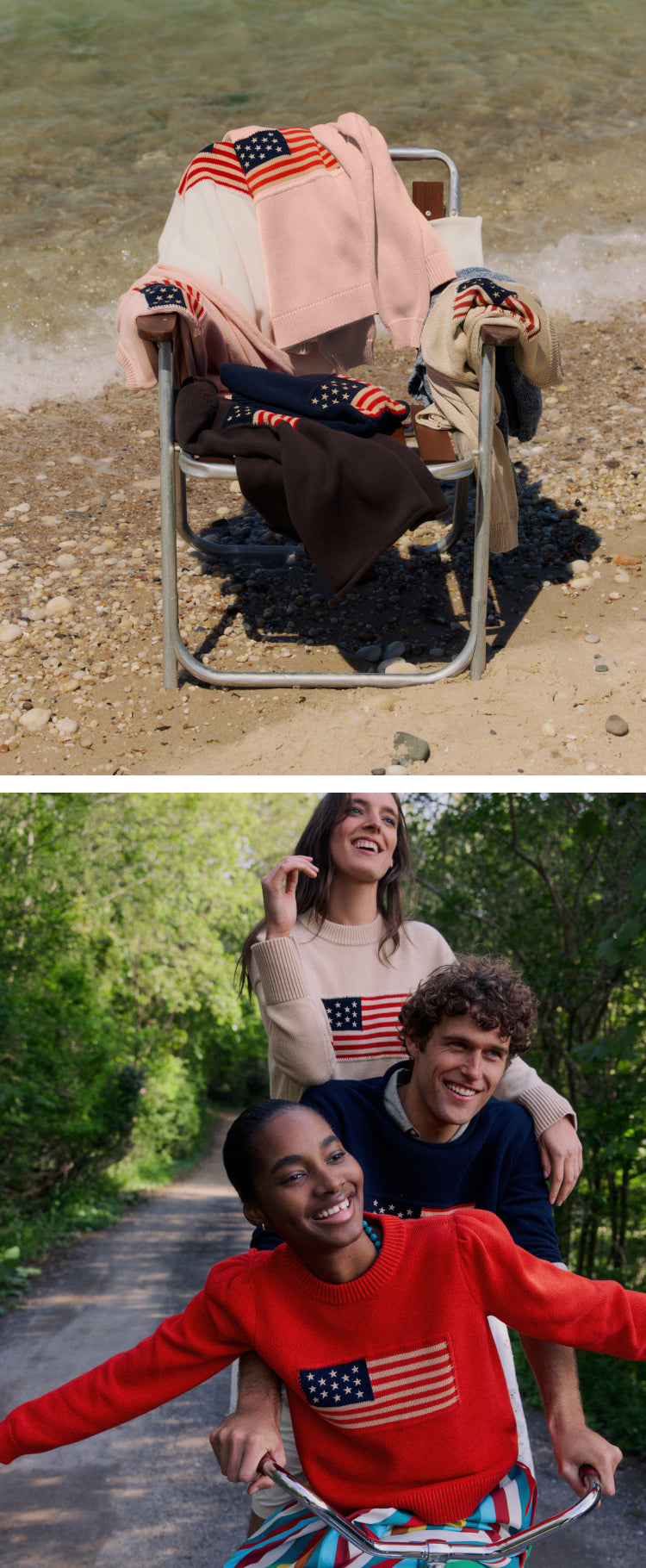 Top: beach chair covered in American flag sweaters. Bottom: three people on a bike in American flag sweaters. 
