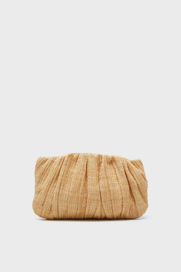 A chic beige straw clutch by Loeffler Randall, featuring textured material and gathered fabric detailing.
