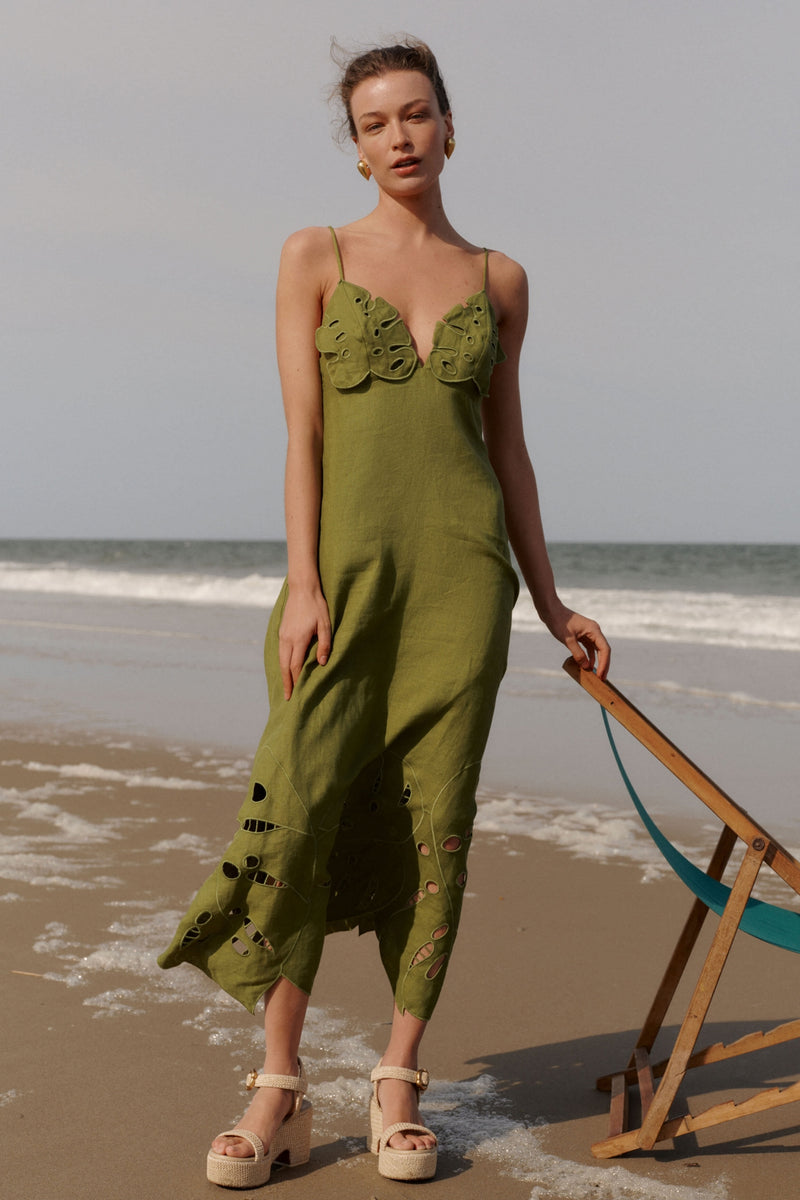 Green Monstera Embroidery Midi Dress