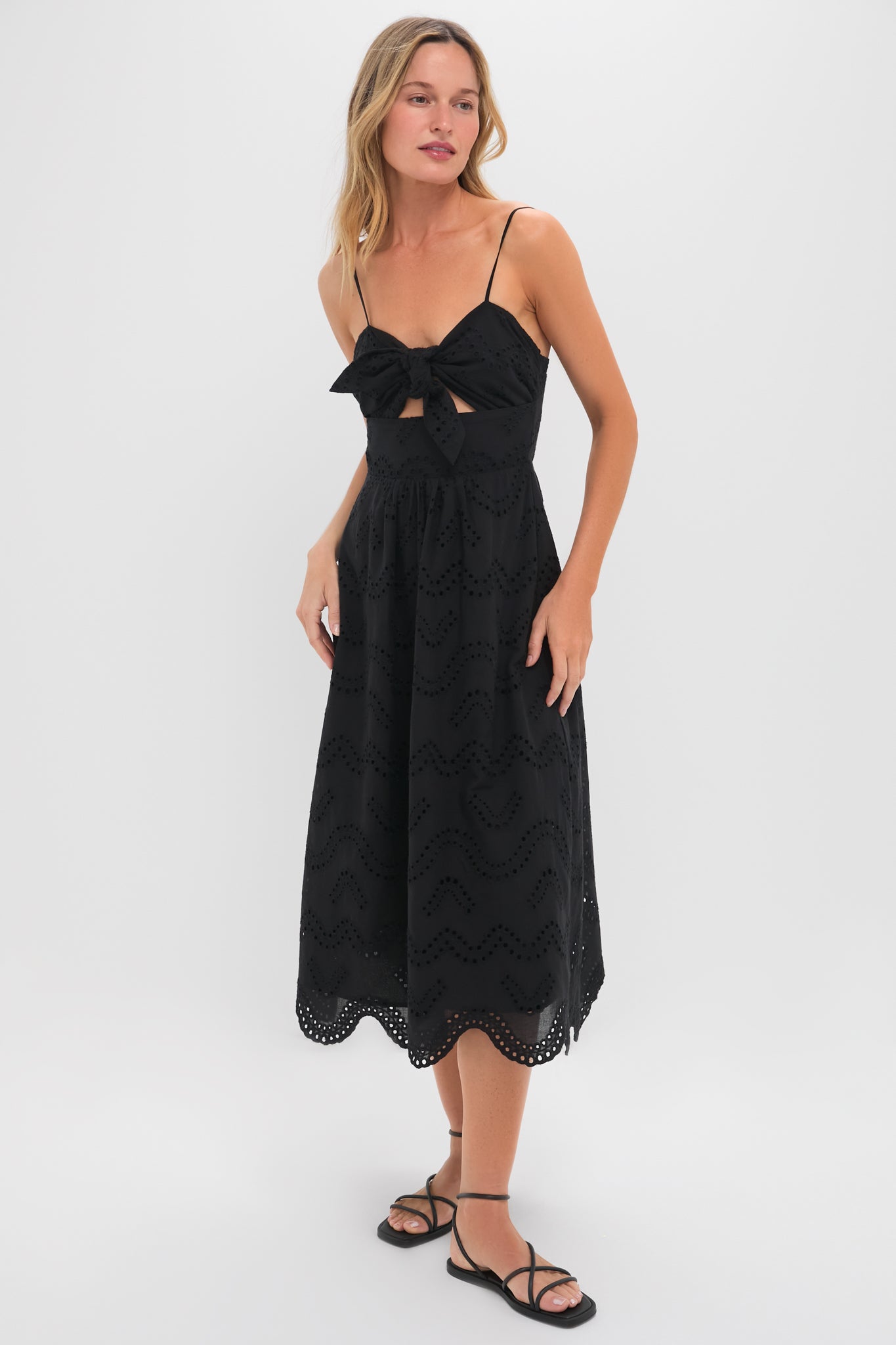 Black Eyelet Tie Front Sanibel Midi Dress - Main Image