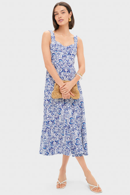 Blue Linen Floral Open Back Lawson Bustier Maxi Dress