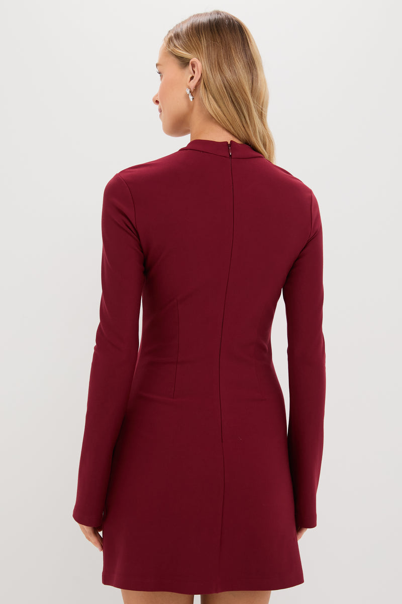 A woman with long blonde hair wears a fitted, long-sleeve Hyacinth House Bronwyn mini dress in burgundy, seen from the back against a plain light background—ideal for a holiday party.
