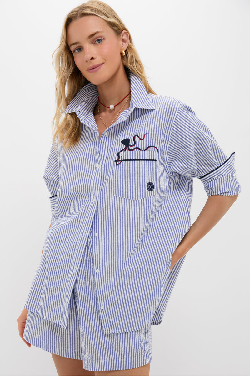 Embroidered Octopus Blue Stripe Seersucker Carden Button Down