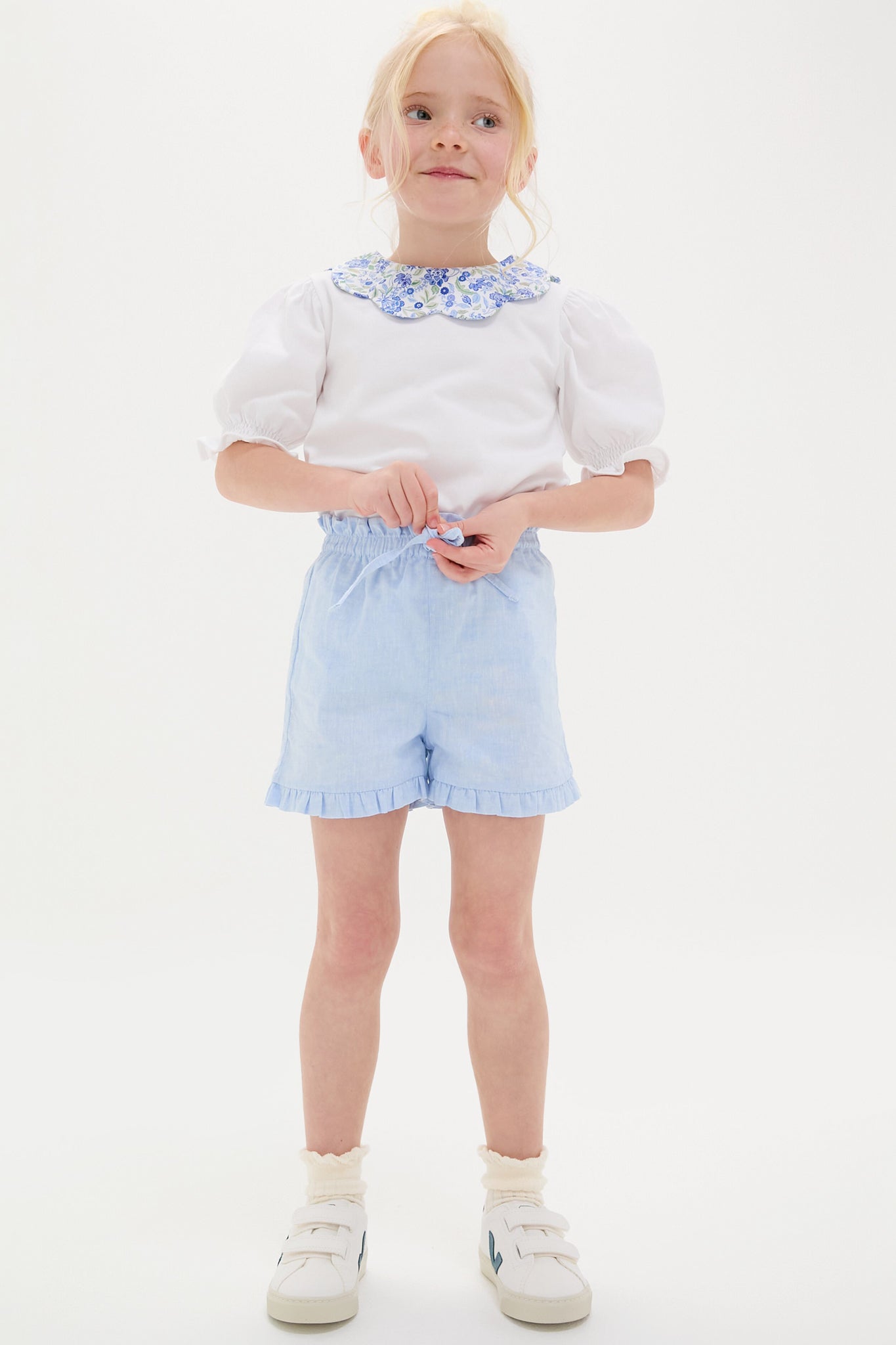Light Blue Flores Cotton Girls Shorts