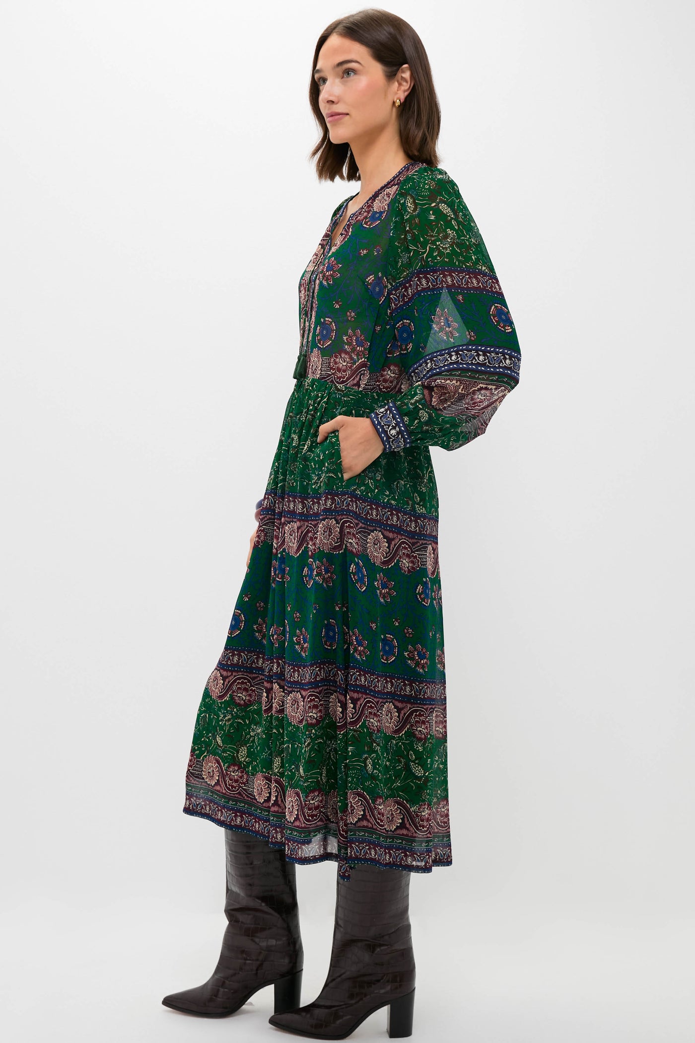 Green Melba Print Long Sleeve Midi Dress