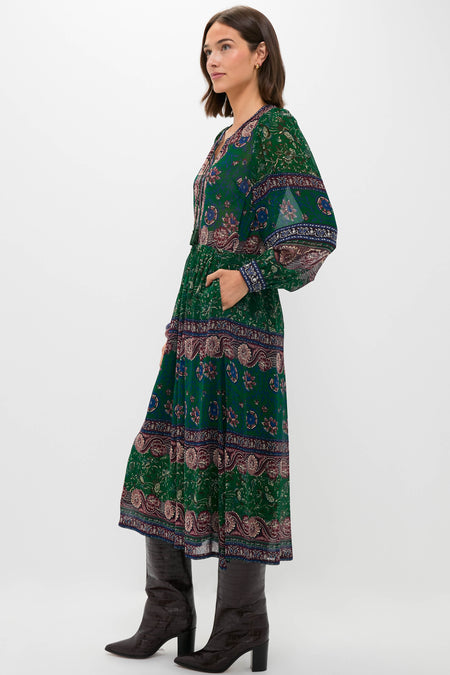 Green Melba Print Long Sleeve Midi Dress