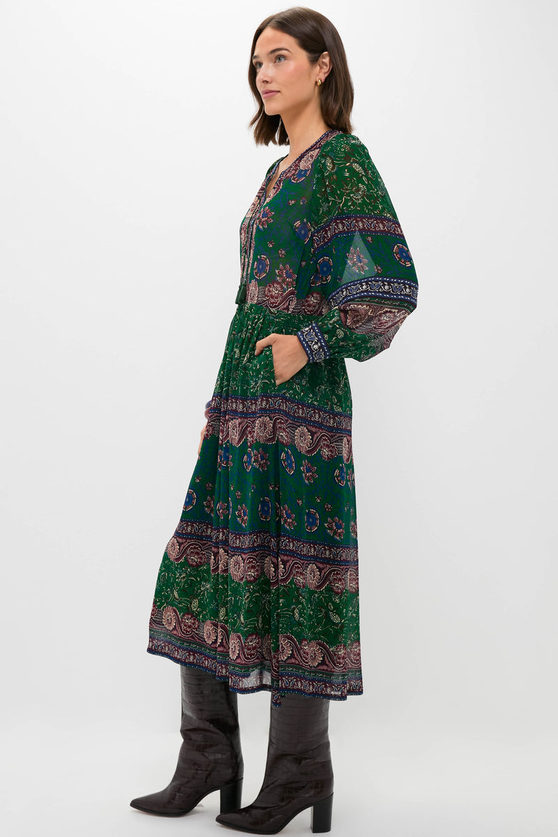 Green Melba Print Long Sleeve Midi Dress