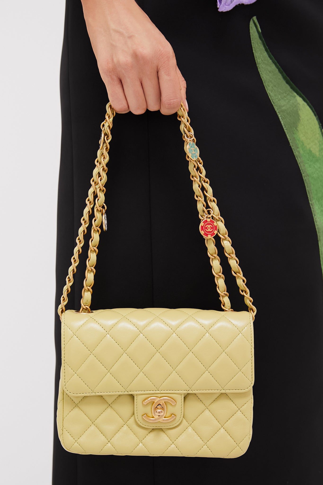 CHANEL Green Classic Lambskin Casino Royale Charms Single Flap Bag