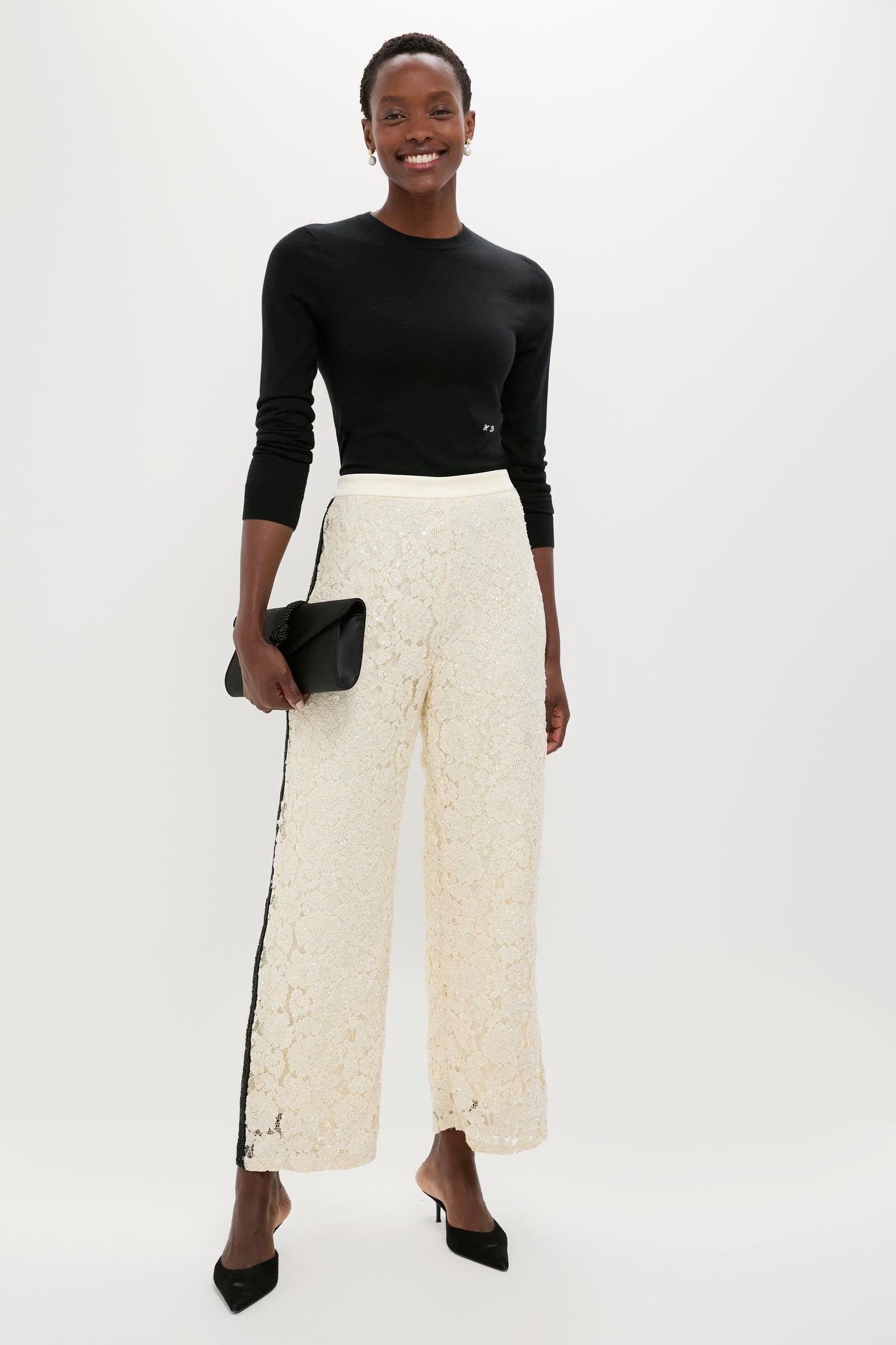 Cream Lace Sequin Straight Pants