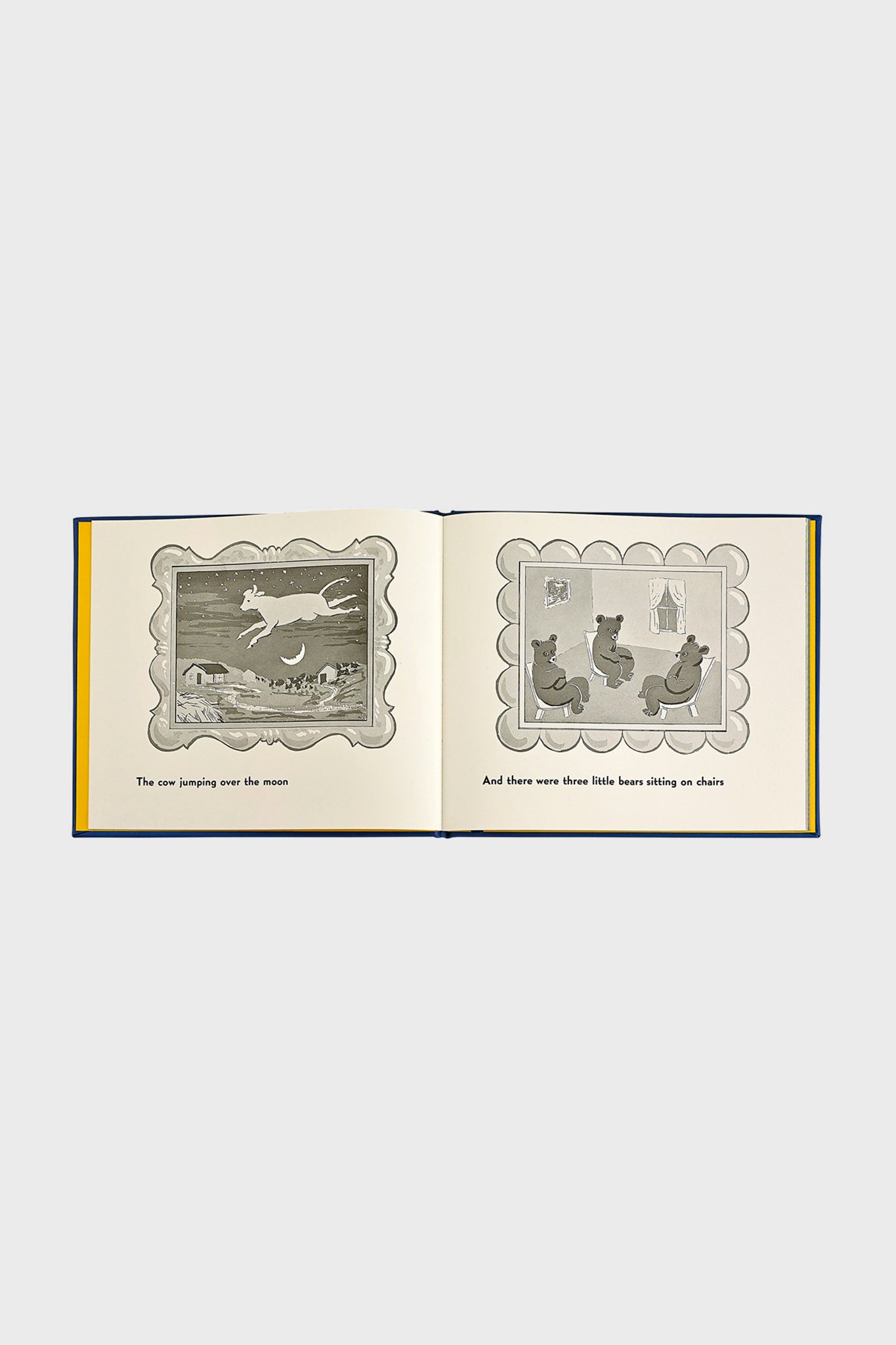 Goodnight Moon open on a page with classic, grayscale illustrations of a cow over the moon and three bears on chairs, offering an effortless, fun bedtime story experience.
