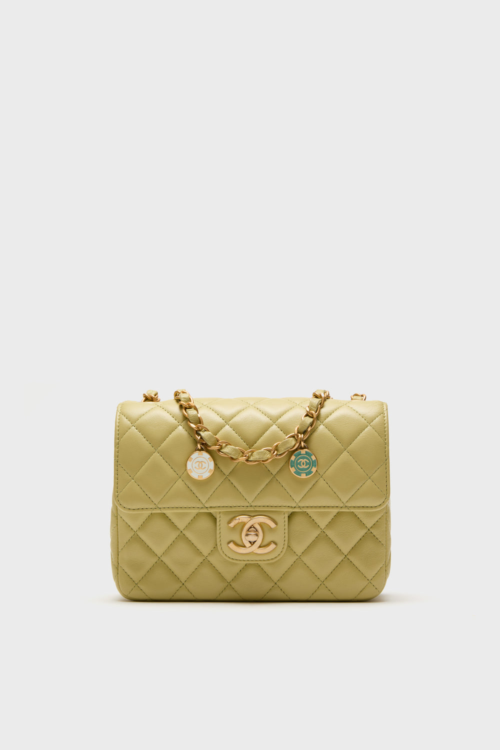 CHANEL Green Classic Lambskin Casino Royale Charms Single Flap Bag