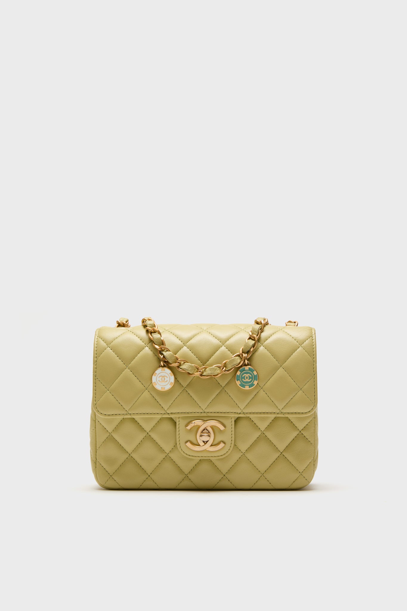 CHANEL Green Classic Lambskin Casino Royale Charms Single Flap Bag