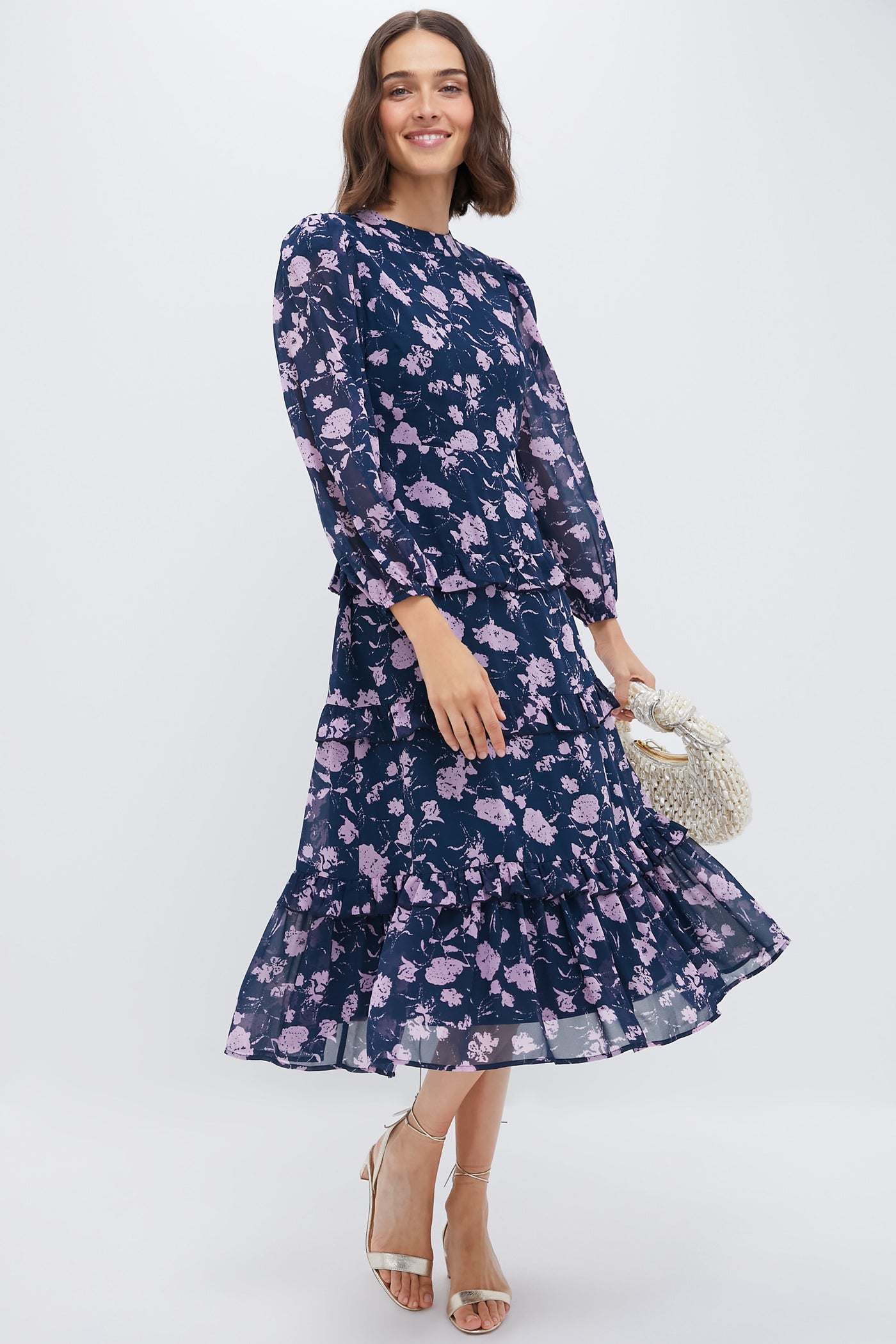 Navy & Blush Abstract Floral Rosalind Ruffle Midi Dress