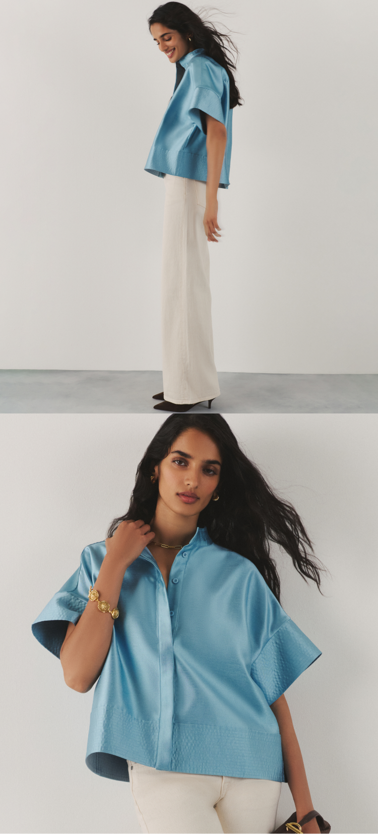 Woman in a blue top and cream pants. 