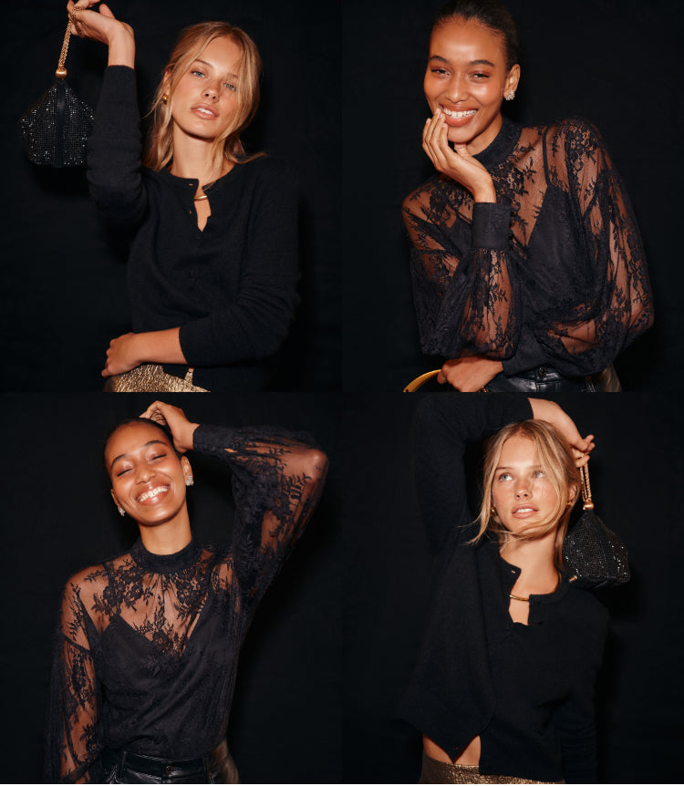 A grid of four images of two women. One woman wears a sheer lace black top. The second woman wear a black cashmere cardigan and is holding a black sequin clutch.