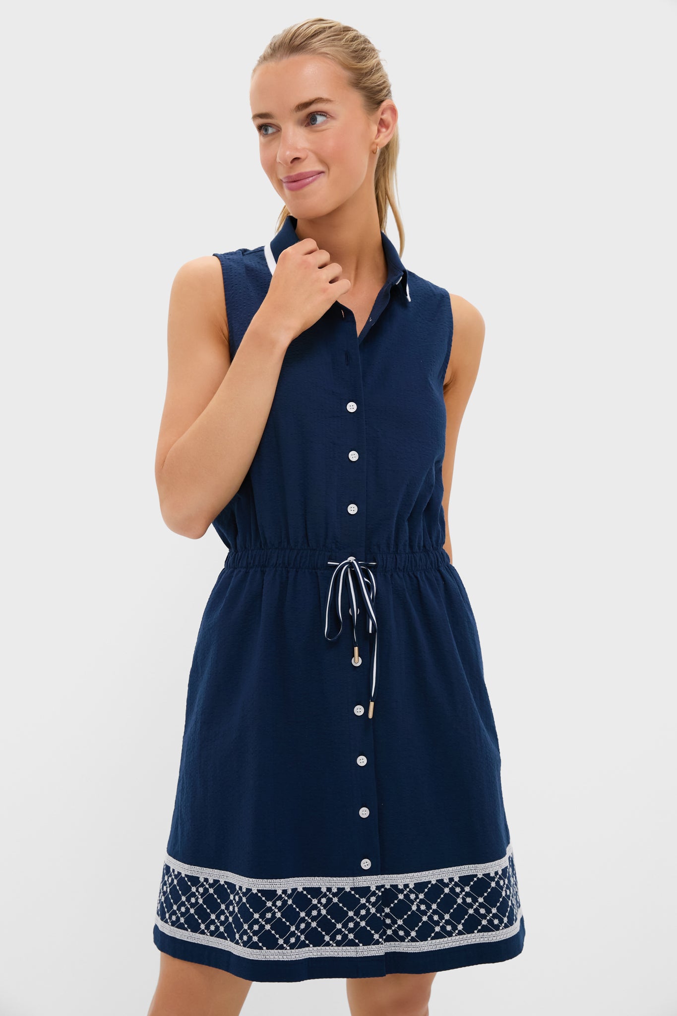 Navy and White Embroidered Sleeveless Performance Seersucker