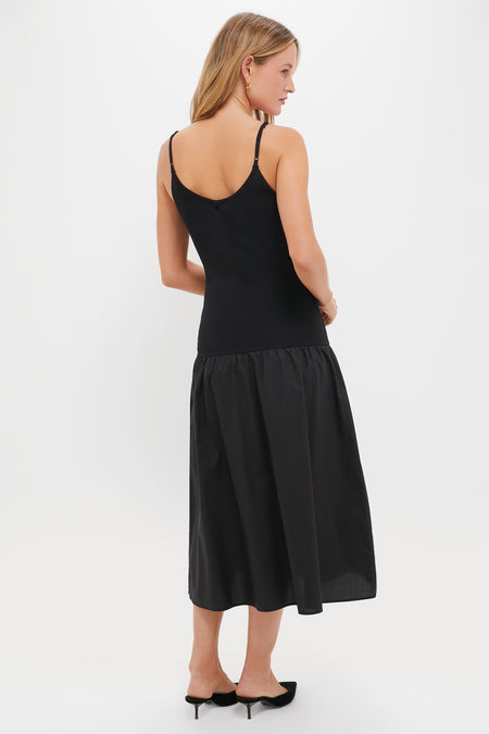 Black Mixed Media Drop Waist Ayden Midi Dress