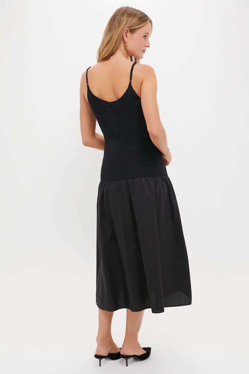 Black Mixed Media Drop Waist Ayden Midi Dress