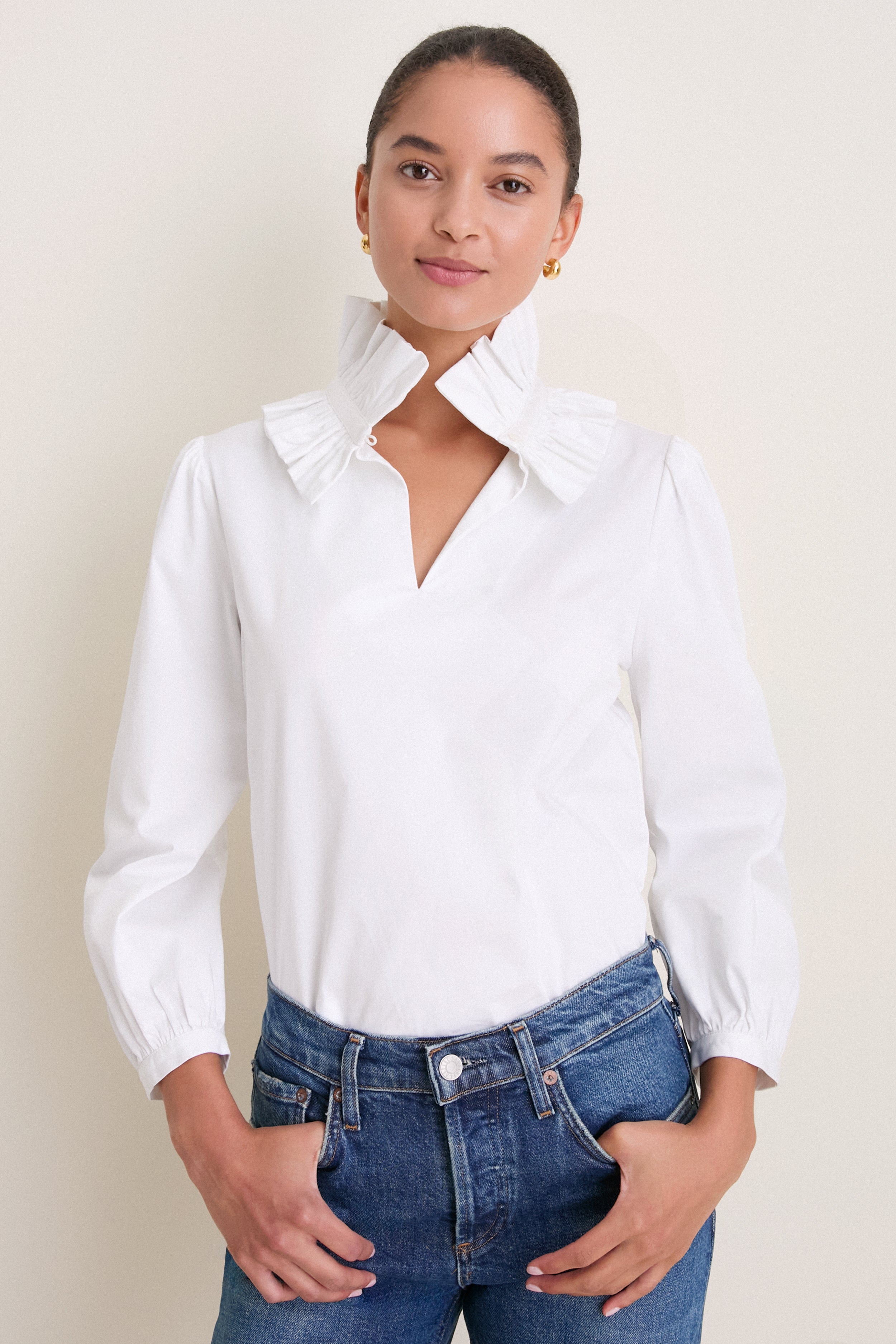 【CLANE】RUFFLE NECK BLOUSE White Stretch Poplin Ruffle Neck Bouvier Blouse | Tuckernuck