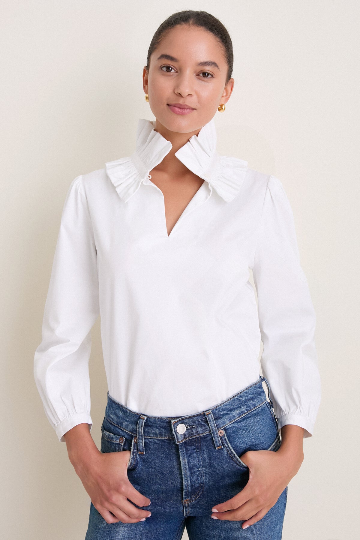 White Stretch Poplin Ruffle Neck Bouvier Blouse