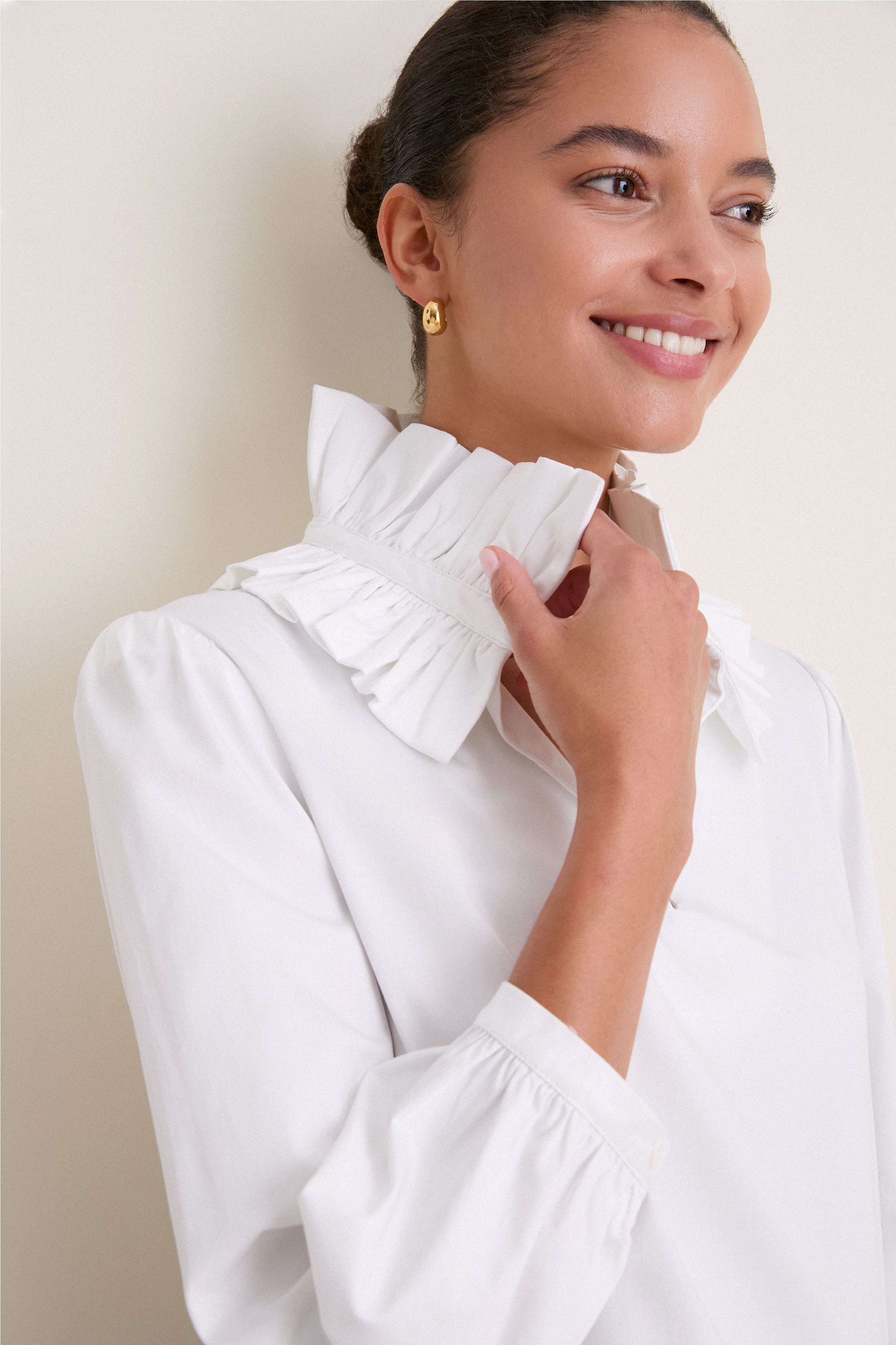 White Stretch Poplin Ruffle Neck Bouvier Blouse | Tuckernuck